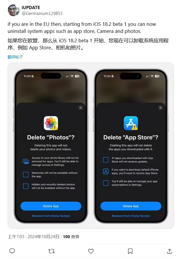 隆德苹果手机维修分享iOS 18.2 支持删除 App Store 应用商店 