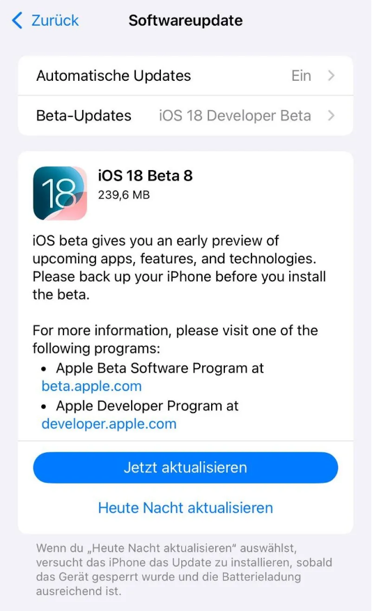 隆德苹果手机维修分享苹果 iOS / iPadOS 18 开发者预览版 Beta 8 发布 